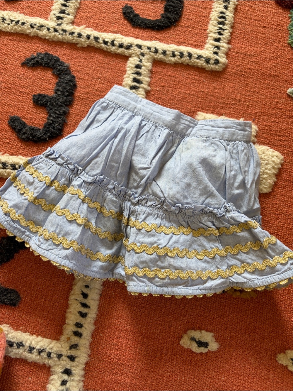 Mini Boden Light Blue Tiered Skirt with Rick rack Gold Trim